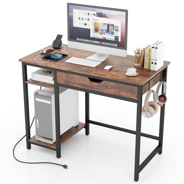 HONEY JOY 40in. Brown Wood 1"Drawer Computer Desk with Adjustable