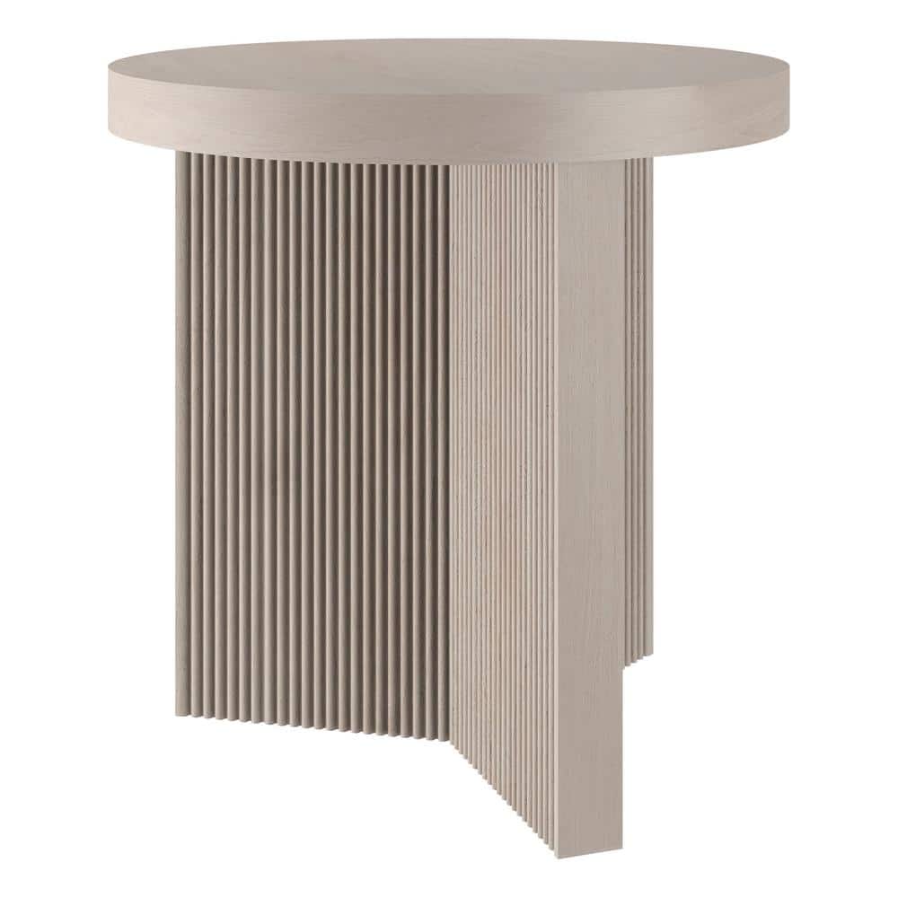 Holm round white end table with fluted base, angled view.