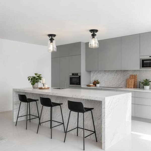 5 in. 1-Light Black Farmhouse Semi Flush Mount Ceiling Light with Clear Glass Shade, Rustic Light for Bedroom, Hallway