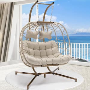 Large 2 Person 510 lbs. Beige Wicker Double Swing Egg Chair with Gold Stand and Beige Cushions