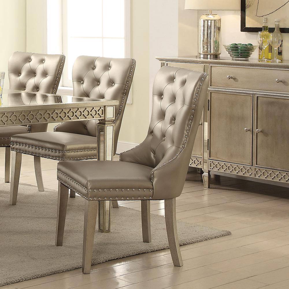 Elegant Gray Faux Leather Upholstered Side Chair with Nailhead Trim