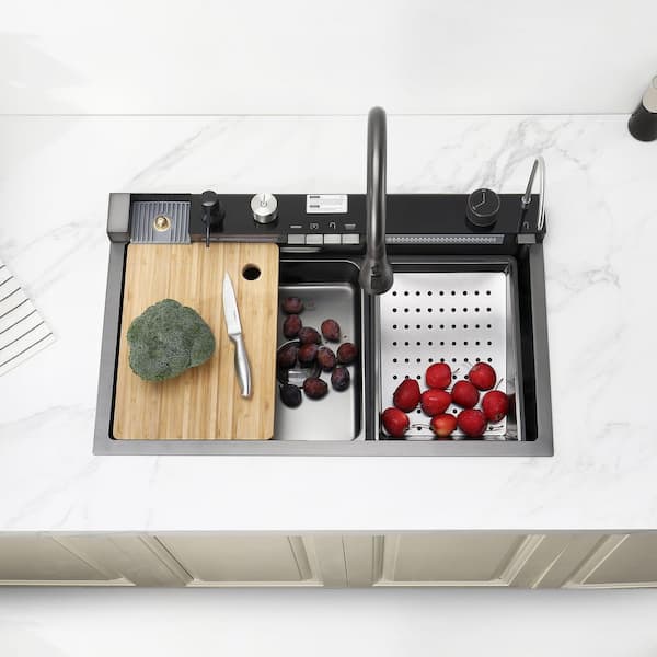 29.5 in. x 18 in. Smart Digital Waterfall Kitchen Sink with Pull-Down Faucet, Cup Washer and Accessories