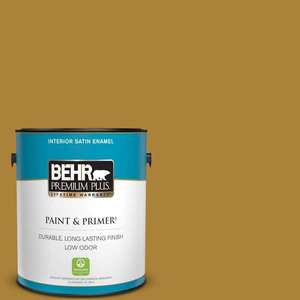 BEHR PREMIUM PLUS 1 gal. #340D-7 Golden Green Satin Enamel Low Odor Interior Paint & Primer