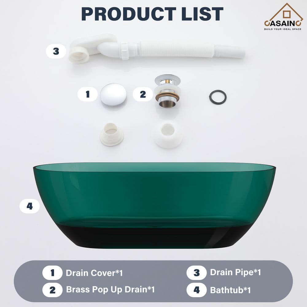 69'' Ocean Blue Transparent Resin Freestanding Soaking Bathtub