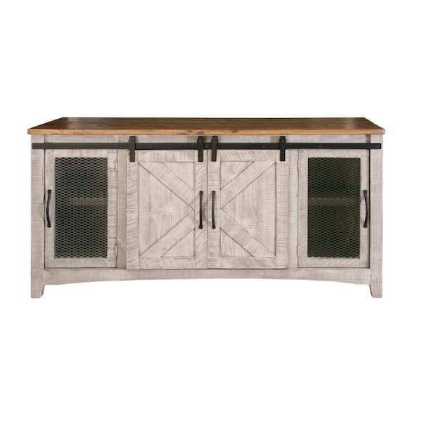 Benjara 67.75 in. Brown and White Wood TV Stand Fits TVs up to 78 in. with Iron Mesh Doors