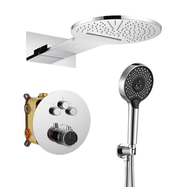 Single Handle 3-Spray 2-function Luxury Thermostatic Dual Shower Faucet 2.5 GPM with Waterfall in Chrome