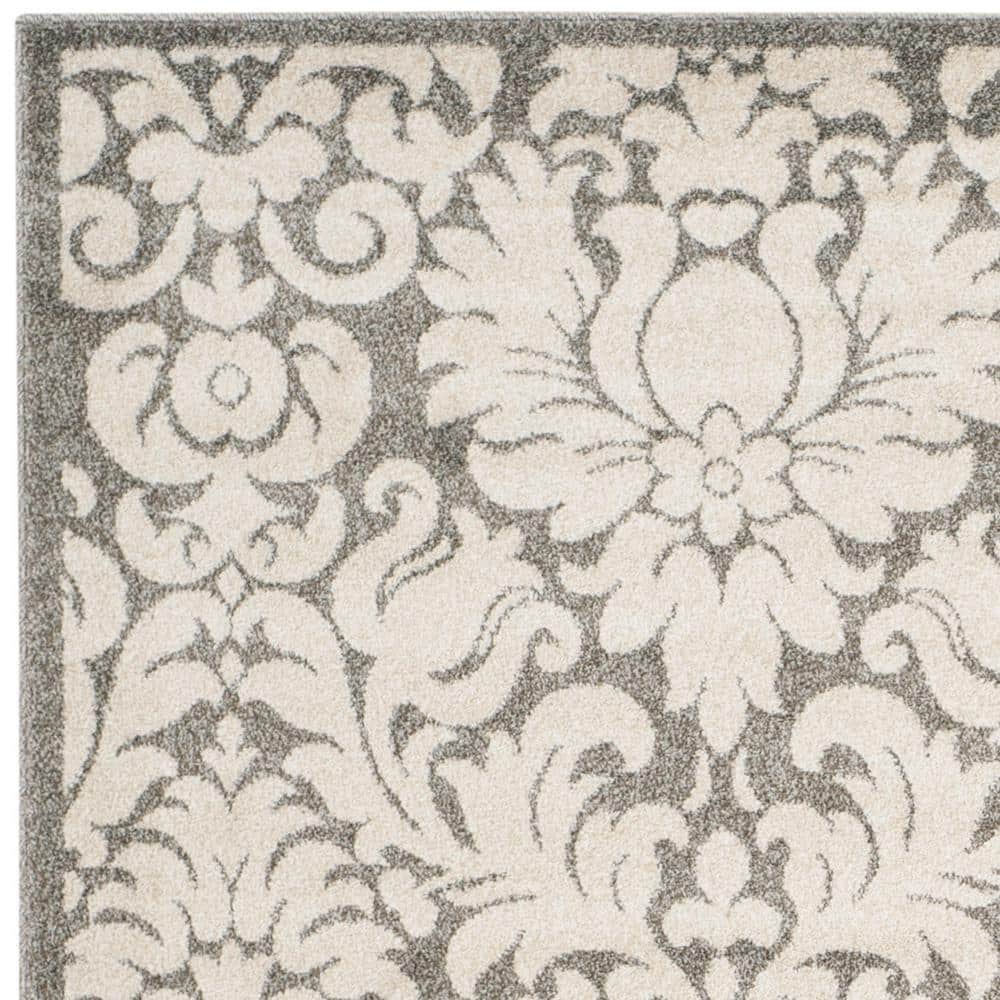 Gray and Cream Damask Square Synthetic Area Rug