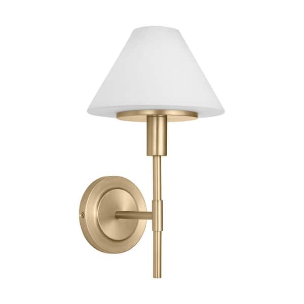Mendota 7.875 in. W x 14.375 in. H 1-Light Satin Brass Dimmable Wall Sconce with Opal Etched Glass Shade