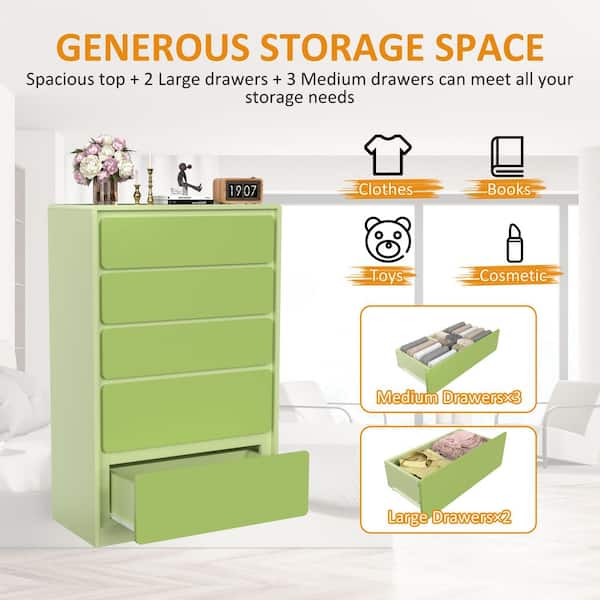 5-Drawer Green Dressers Chest of Drawers with 2 Larger Drawers 31.5 in. W X 15.75 in. D X 48.43. in. H