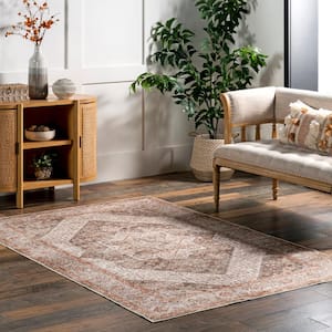 Sanna Distressed Medallion Machine Washable Brown 5 ft. x 8 ft. Traditional Area Rug