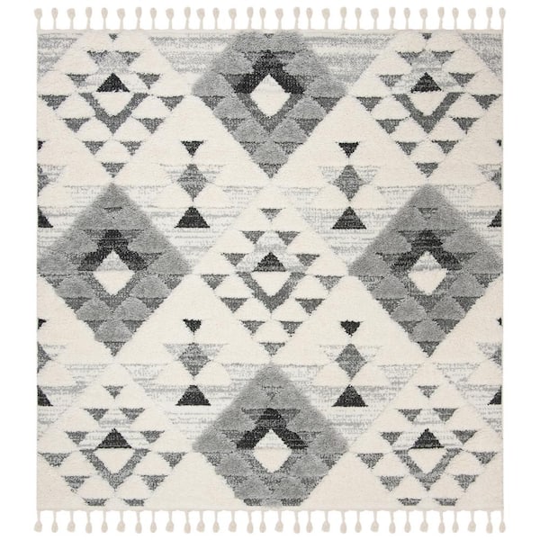 Moroccan Tassel Shag Ivory/Gray 10 ft. x 10 ft. High-Low Geometric Fringe Square Area Rug