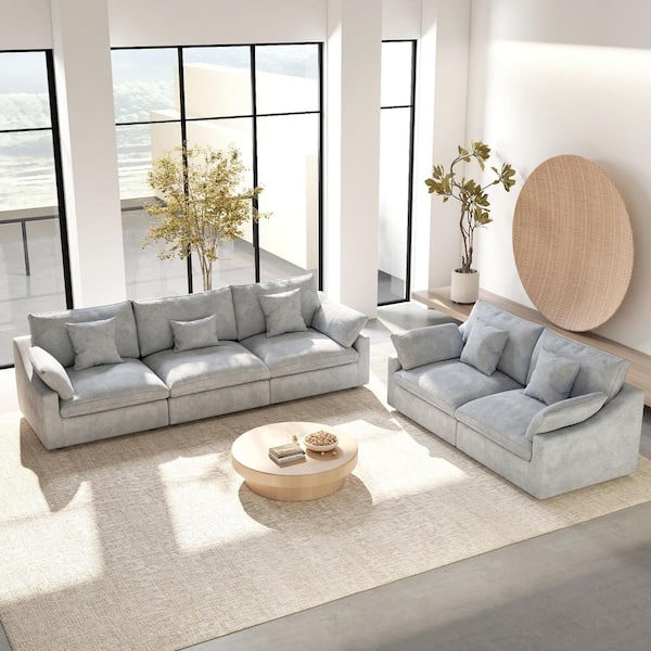 Modular Linen Fabric Pine Wood Cloud Living Room Set 2 Seater and 3 Seater Sectional Sofa with Washable Cover in Gray