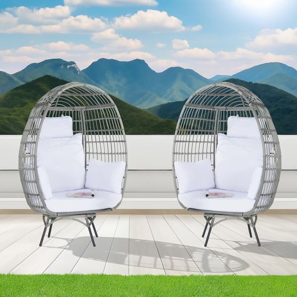 SANSTAR 2-Pieces Patio Wicker Swivel Egg Chair, Oversized Indoor Outdoor Egg Chair, Gray Rattan White Cushions