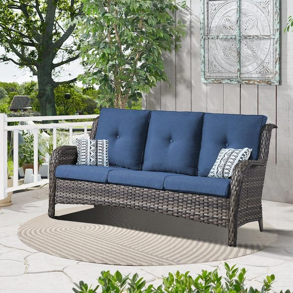 ArcoBay Metal and Gray Wicker Outdoor 3-Seat Sectional Couch Sofa with Olefin Navy Blue Cushions