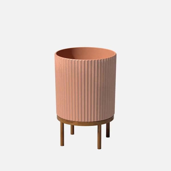 Veradek Demi Medium Terracotta Plastic Round Planter with Brown Stand and Drainage Holes (15 in. L x 15 in. W x 22 in. H)