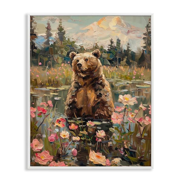 Stupell Industries Bear in Floral Pond by Arlington Prints White Framed Animal Giclee Art Print 20 in. x 16 in.