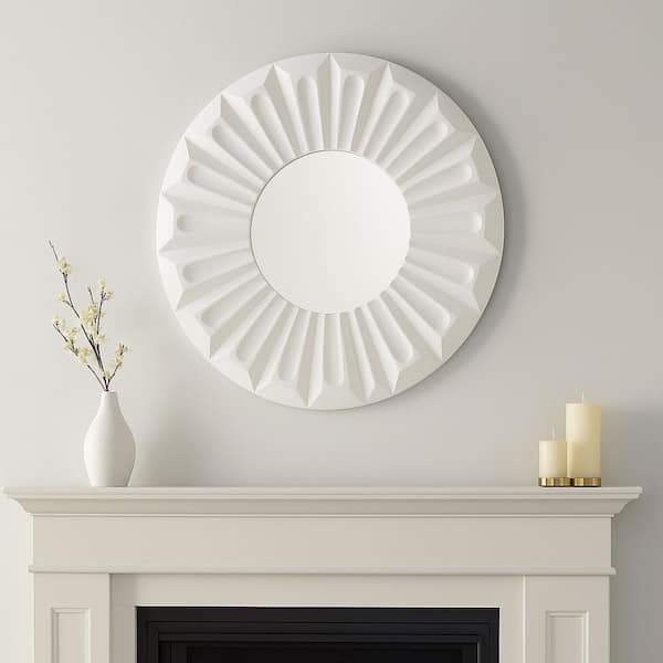 Ivory/White 35.5 in. W x 35.5 in. H Round Wood Framed Decorative Carved Wall Mirror