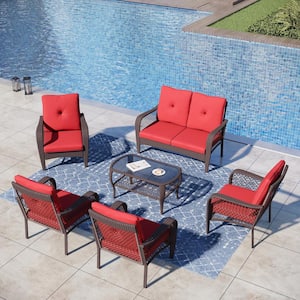 Black 6-Pieces Metal Patio Conversation Sectional Seating Set with CushionGuard Red Cushions