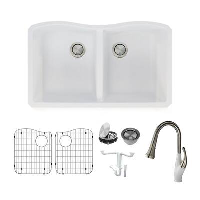 Aversa All-in-One Undermount Granite 32 in. Equal Double Bowl Kitchen Sink with Faucet in White