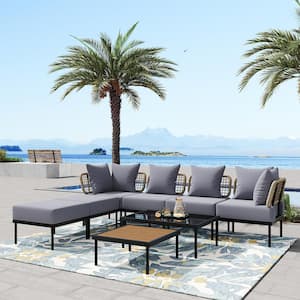 8-Piece Metal Outdoor Sectional Sofa Set with Tempered Glass Coffee Table, Wooden Coffee Table and Light Grey Cushions