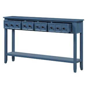 60 in. Antique Navy Rectangle Wood Console Table with Different Size Drawers and Bottom Shelf