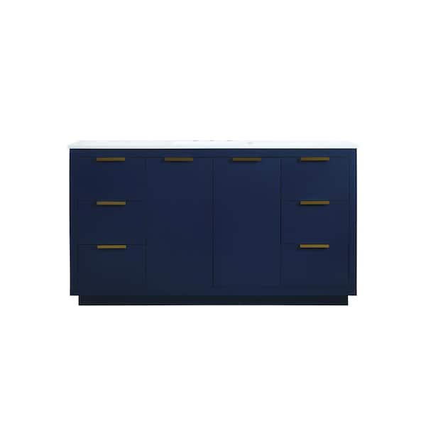 Unbranded Timeless Home 60 in. W Single Bath Vanity in Blue with Engineered Stone Vanity Top in Calacatta with White Basin