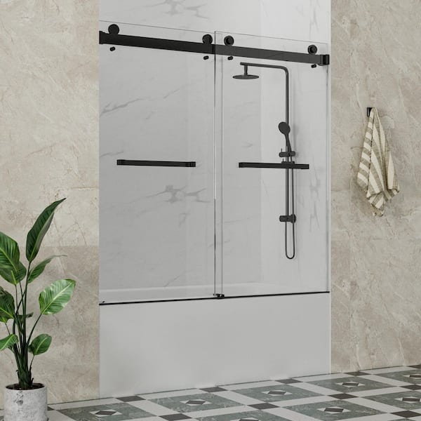 Sola 61 to 65 in. W x 66 in. H Double Sliding Frameless Tub Door in Matte Black with 3/8 in. Easy-Clean Clear Glass