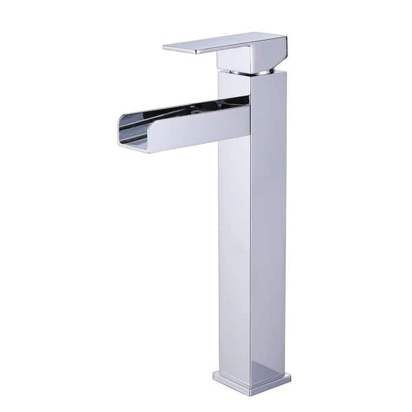 FLG Single Handle Waterfall Bathroom Vessel Sink Faucet Single Hole Brass High Tall Taps in Polished Chrome