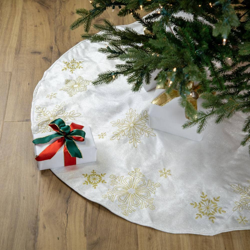 48" White and Gold Embroidered Snowflake Christmas Tree Skirt