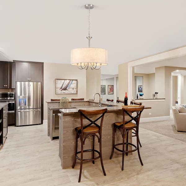 6 light 17.95" Dimmable Nickel Drum Candle Chandelier With Linen Shade for Kitchen Island with no bulbs included