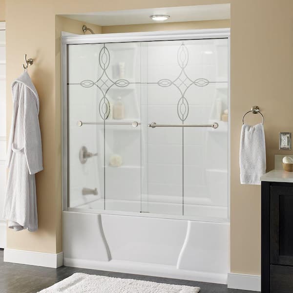 Delta Crestfield 60 in. x 58-1/8 in. Semi-Frameless Traditional Sliding Bathtub Door in White & Nickel with Tranquility Glass