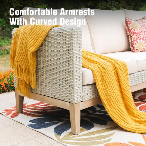 PHI VILLA 5-Piece Rattan Wood Outdoor Patio Conversation Set with