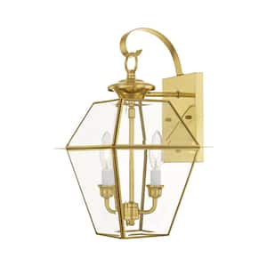 Ainsworth 16.5 in. 2-Light Polished Brass Outdoor Hardwired Wall Lantern Sconce with No Bulbs Included