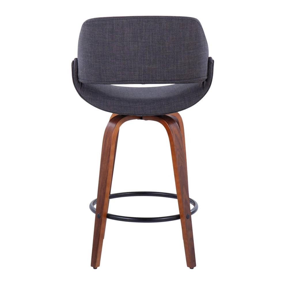 Charcoal Upholstered Walnut Wood Swivel Counter Stools with Black Metal Footrest, Set of 2