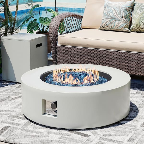 PATIO WATCHER 42 in. Round Iron Outdoor Fire Pit Table with Tank Cover, Lid and Rain Cover in White