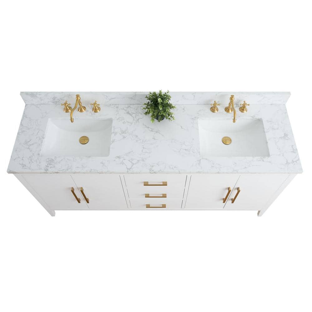 72'' White Poplar Double Sink Bathroom Vanity with Marble Top