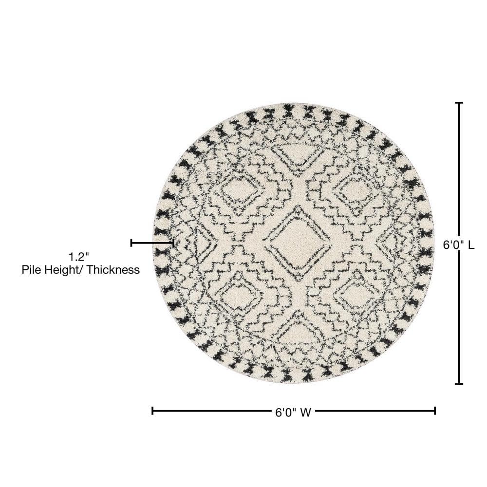Off-White Round Moroccan Shag Area Rug with Tassels