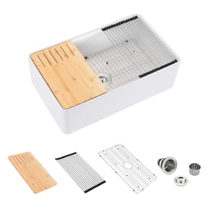 White Fireclay 33 in. Single Bowl Farmhouse Apron Workstation Kitchen Sink with Cutting Board, Grid and Strainer