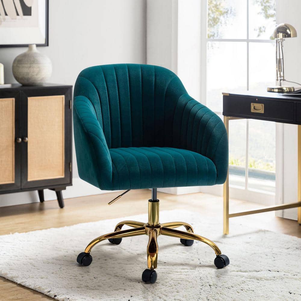 Teal Velvet Swivel Task Chair with Gold Metal Base