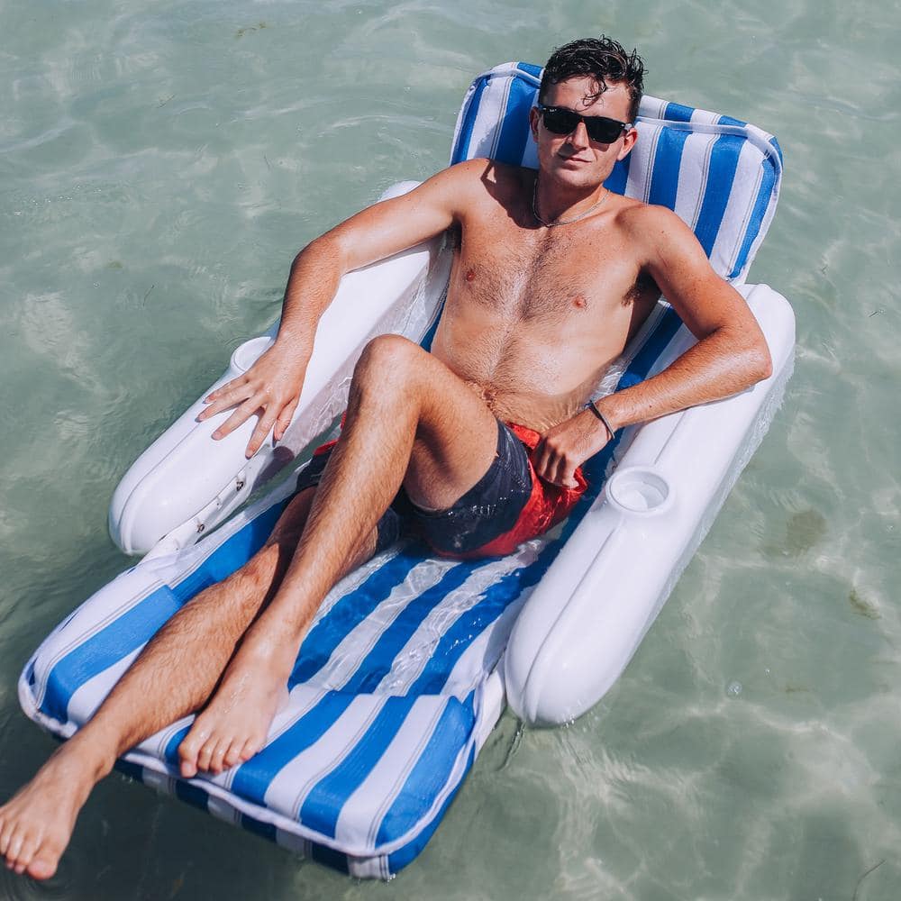Blue and White Striped Padded Floating Pool Lounger with Cup Holders