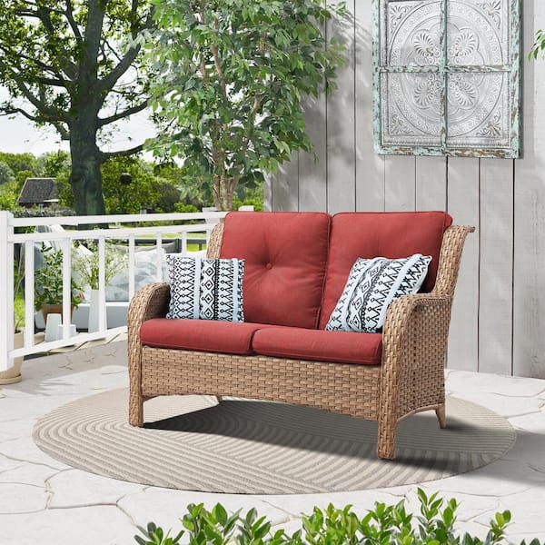 Opohoro ArcoBay 51.5-Inch Yellow Wicker and Metal Frame Outdoor Patio Loveseat with Red Cushions
