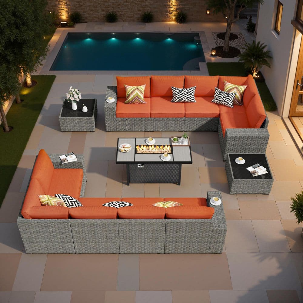 Aestheticism 13-Pieces Wicker Outdoor Patio Rectangular Iron Fire Pit Set with Orange Red Cushions price history on PriceWatchPro