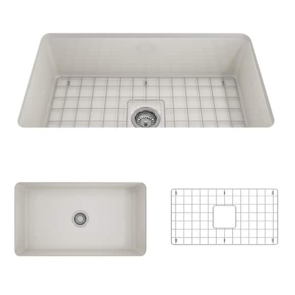 BOCCHI Sotto Undermount Fireclay 32 in. Single Bowl Kitchen Sink with Bottom Grid and Strainer in Biscuit
