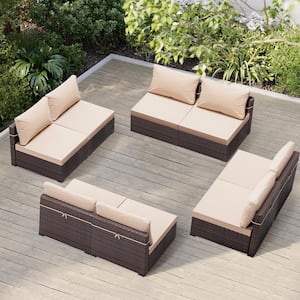 8-Person Wicker Patio Conversation Seating Set with Cushions in Beige