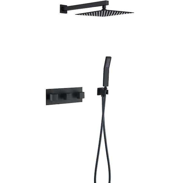 AIMADI Triple Handle 1-Spray Wall Mount Shower Faucet 1.8 GPM with Ceramic Disc Valves 10 In Brass Shower System in Matte Black
