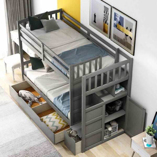 Gray Twin Over Full/Twin Bunk Bed, Convertible Bottom Bed, Storage Shelves and Drawers