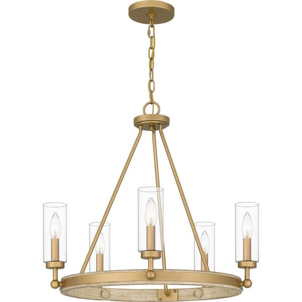 Quoizel Kelleher 5-Light Nouveau Painted Weathered Brass Chandelier with Clear Glass Shade