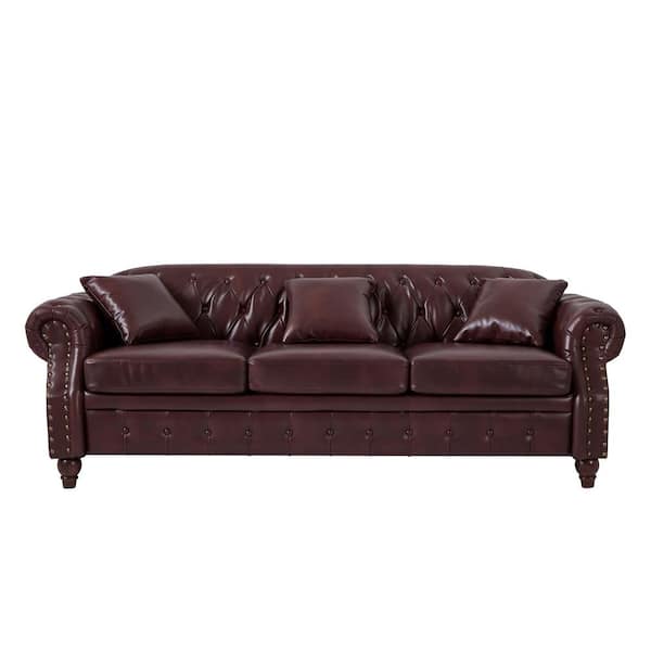 85.8 in. W Flared Arm Faux Leather Classic Curved Sofa in Burgundy, 3-Seater Sofa with Storage