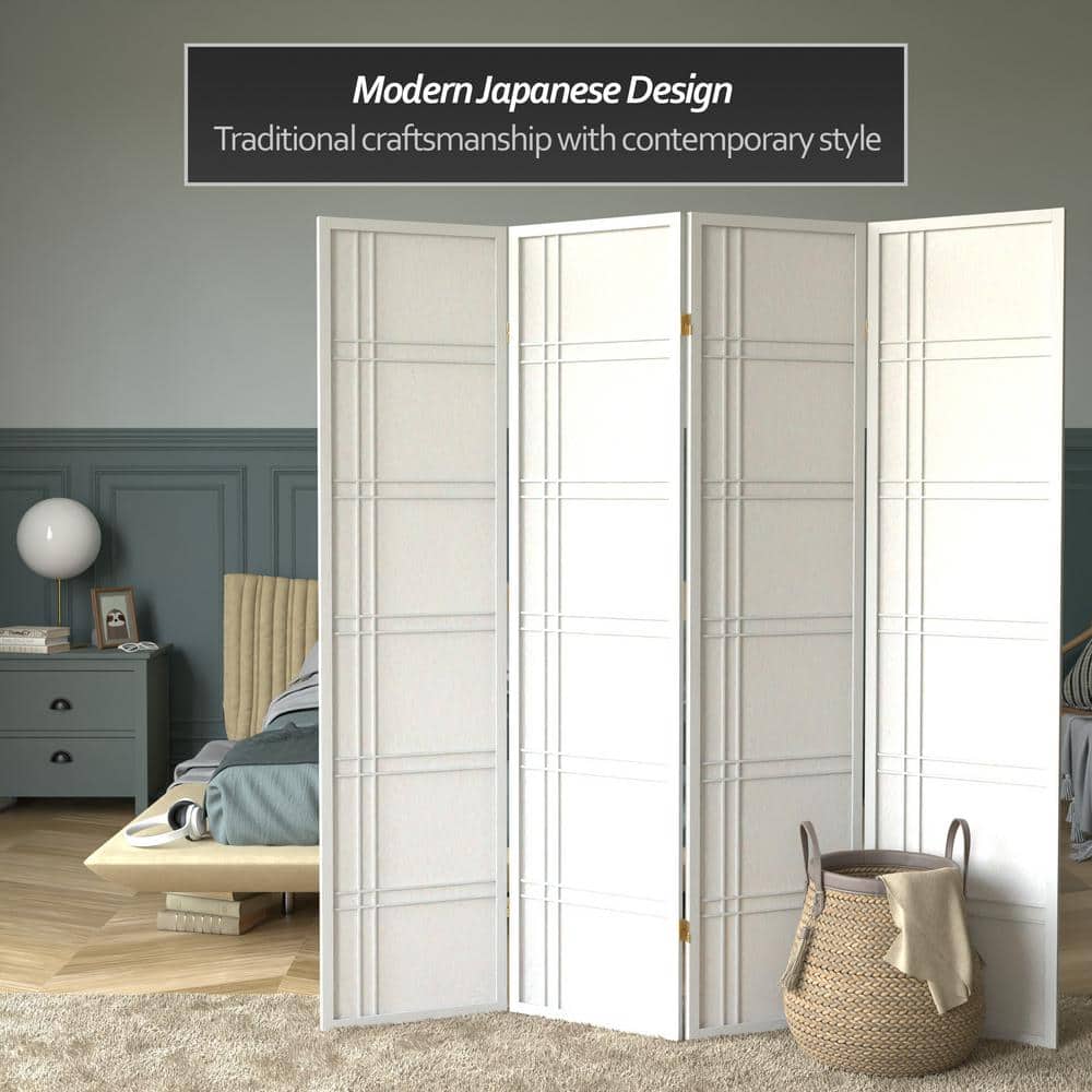 White 6 ft. Tall Shoji Folding Room Divider with Hardwood Frame