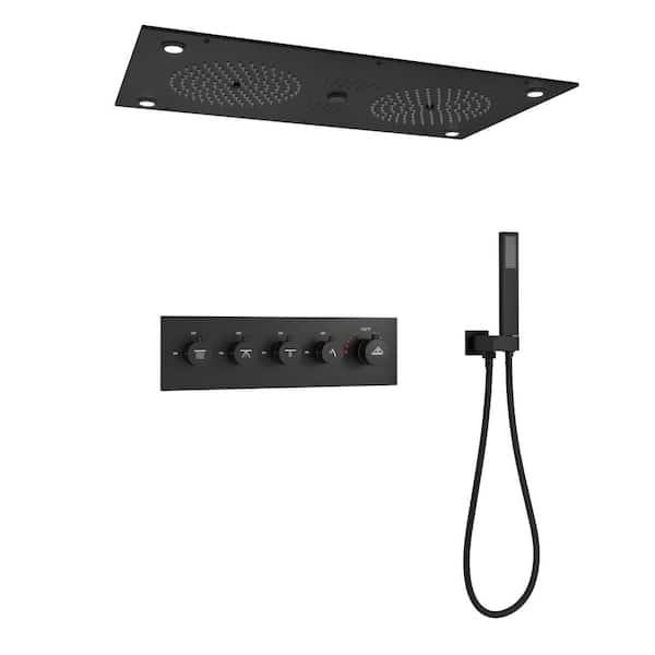 LED Mood Light&Music 4-Spray Ceiling Mount Thermostatic Fixed and Handheld Dual Shower Head 2. 5GPM in Matte Black